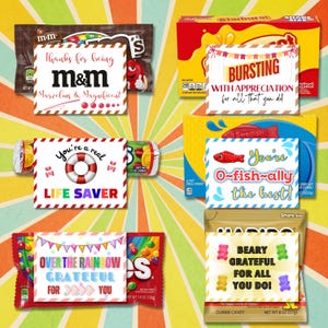 May include: A selection of confectionery items, including chocolate bars and boxes of sweets, each accompanied by a small card. The cards display messages such as "Thanks for being m&m" and "Beary grateful for all you do!" The background has a radial design.