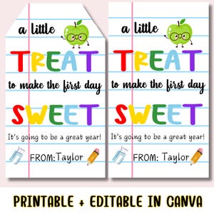 Back To School Gift Tag Template, Printable Gift Tags, Editable A Little Treat To Make Your First Day Sweet Tag Teacher Instant Download