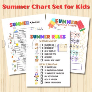 May include: A set of three colorful summer-themed charts for kids. The charts include a checklist, a reading chart, and a rules chart with tasks like making the bed and eating breakfast. The charts feature illustrations of popsicles and other summer icons.