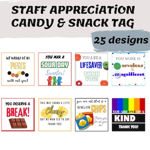 Może przedstawiać: Zestaw 25 drukowanych etykiet na prezenty dla słodyczy i przekąsek. Etykiety mają kolorowe wzory i zabawne frazy, takie jak "You Mak a Sour Day Sweeter!" i "You Are One of a Kind".