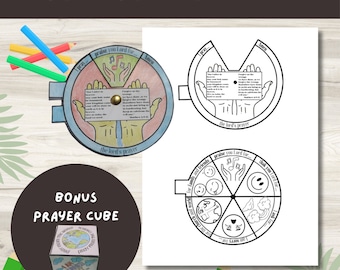 May include: A printable prayer wheel with a colorful design. The wheel has sections for praying for family and friends, the world, and for praise and thanks. There is also a bonus prayer cube with a world map design.