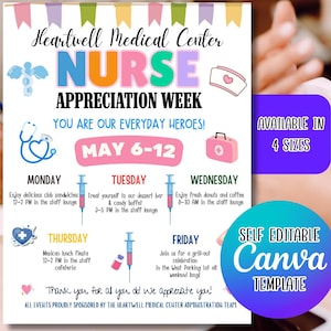 Nurse Appreciation Week Itinerary Template: Medical Staff Events (Canva Editable, Digital Printable)