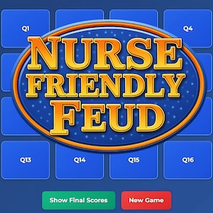 Op de afbeelding: Een blauw bord in de stijl van een spelshow met de woorden "Nurse Friendly Feud" in een gele cirkel. Het bord heeft blauwe vierkanten met de nummers "Q1", "Q4", "Q13", "Q14", "Q15" en "Q16" in witte tekst. Er zijn twee groene knoppen met de tekst "Laat eindscores zien" en twee rode knoppen met de tekst "Nieuw spel".