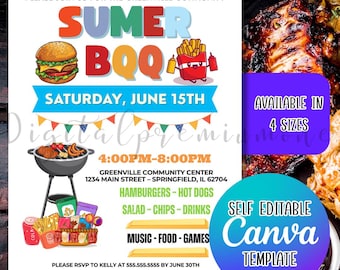 Editable Backyard BBQ Party Invitation, Summer Cookout (Canva Template)