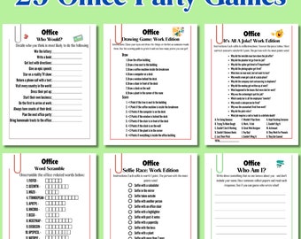 May include: A printable set of 25 office party games. The games include "Who Would?", "Word Scramble", "Drawing Game: Work Edition", "It's All A Joke! Work Edition", "Selfie Race: Work Edition", and "Who Am I?"