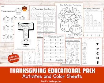 Pack éducatif pour l'Action de grâce | Lot de Thanksgiving | Feuilles de travail pour l'Action de grâces pour les enfants | Action de grâces préscolaire-maternelle imprimable |