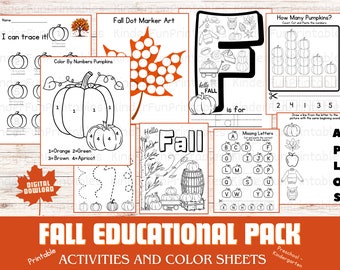 Pack éducatif d'automne | Pack d'automne| Feuilles de travail d'automne pour les enfants | automne préscolaire-maternelle imprimable | Activités pour enfants| Automne| Feuille de couleur|
