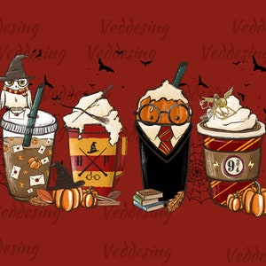 May include: Four illustrated mugs with a Harry Potter theme. The mugs are filled with different beverages, including pumpkin spice latte, hot chocolate, and coffee. The mugs are decorated with pumpkins, owls, and other Harry Potter-themed imagery. The background is a red color.