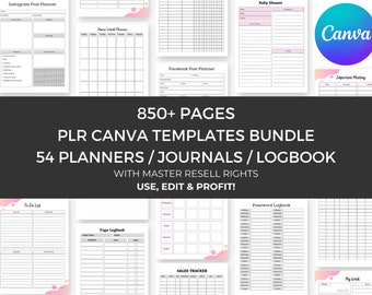 850+ Pages 54 PLR Canva Templates Planner Bundle + Master RESELL Rights, PLR Products, Plr Planners and Journals Editable and Printable, Mrr