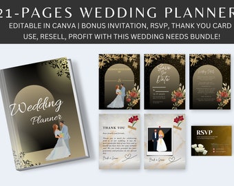 Plantillas de Canva para planificador de bodas, Diario de bodas, Plantillas de bodas de Canva, Planificador de Canva imprimible, Invitación gratuita, Confirmación de asistencia, Tarjeta de agradecimiento