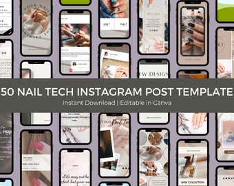 50 plantillas de publicaciones de Instagram de Nail Tech editables en Canva, kit de marca IG en redes sociales para empresas de manicura de artistas de uñas