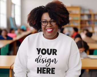 Teacher White Gildan 18000 Sweatshirt Mockup, Plus Size Inclusive Body Positive Mockup, Diverse Black Woman Model Classroom Mockup
