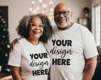 White Bella + Canvas 3001 Black Couple Mockup, Plus Size Inclusive Body Positive Mockup, Diverse Senior Christmas Grandparent Mockup