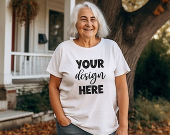 Autumn White Bella + Canvas 3001 Shirt Fall Mockup, Size Inclusive Body Positive Senior Woman Grandma Mockups