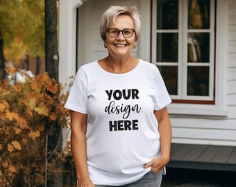 Autumn White Bella + Canvas 3001 Shirt Fall Mockup, Size Inclusive Body Positive Senior Woman Grandma Mockups