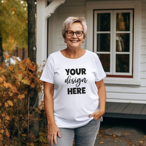 Autumn White Bella + Canvas 3001 Shirt Fall Mockup, Size Inclusive Body Positive Senior Woman Grandma Mockups