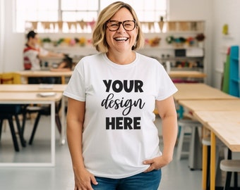 Teacher White Bella + Canvas 3001 Shirt Mockup, Size Inclusive Body Positive Back to School Classroom Mockups