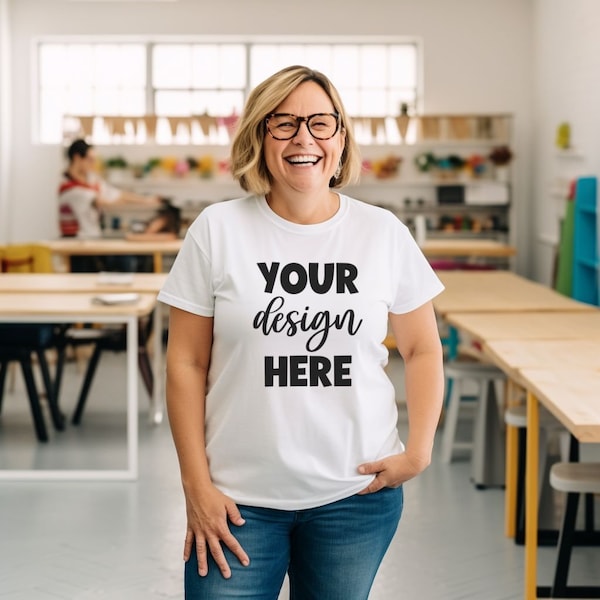 Teacher White Bella + Canvas 3001 Shirt Mockup, Size Inclusive Body Positive Back to School Classroom Mockups