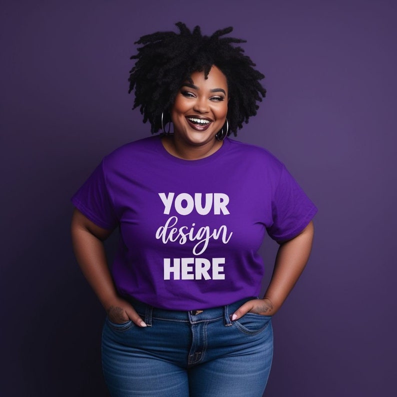 A plus size Black woman wearing a purple Bella Canvas 3001 shirt.
