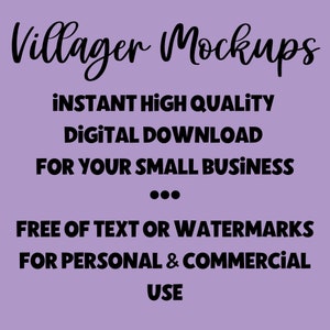 Info card on a purple background: Villager Mockups, Instant high quality digital download for your small business. Free of text or watermarks for personal and commercial use.