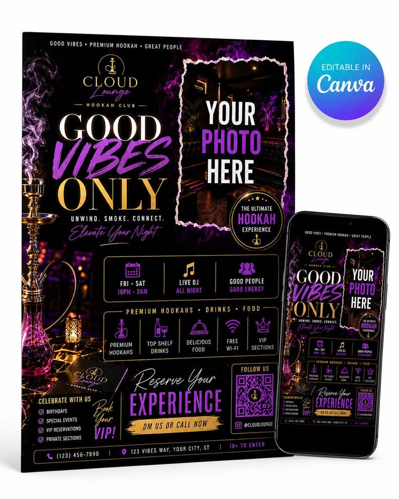 Editable Hookah Lounge Flyer Template Canva | Club Nightlife Promo ...