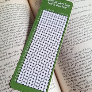 May include: A green rectangular reading habit tracker with a grid for daily entries. The top of the tracker reads "Monthly Reading Habit Tracker". The tracker is placed on top of an open book.