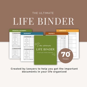 Peut inclure: Un graphique vert et blanc avec le texte "The Ultimate Life Binder" et "70+ Pages". Le graphique montre quatre pages d'un classeur avec des titres pour "Comptes financiers", "Assurance", "Propriété" et "Contacts".