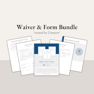 May include: A collection of legal documents, including a Limited Medical Power of Attorney and Liability Waiver, arranged on a light background. The text "Waiver & Form Bundle" and "created by 2 lawyers" are displayed prominently.