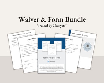 Könnte beinhalten: Eine Sammlung von Rechtsdokumenten, darunter eine eingeschränkte medizinische Vollmacht und eine Haftungsverzichtserklärung, auf hellem Hintergrund. Der Text "Waiver & Form Bundle" und "created by 2 lawyers" ist deutlich sichtbar.