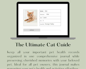 Pode incluir: Uma tela de computador portátil que mostra um perfil de gato com o nome Kiki, apelido Kiki, idade 1 ano, sexo F, raça/mistura Orange Tabby. O texto "The Ultimate Cat Guide" é exibido abaixo do computador portátil.