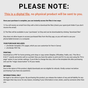 Puede incluir: Una descarga digital de una plantilla de carpeta de vida con m&aacute;s de 70 p&aacute;ginas. La plantilla se puede personalizar gratis en Canva. La descarga incluye un archivo PDF para imprimir en casa, tiendas de impresi&oacute;n o centros de copiado. El archivo mide 8,5 x 11 pulgadas y se imprime bien en una impresora est&aacute;ndar. El texto en la imagen dice "PLEASE NOTE: This is a digital file, no physical product will be sent to you."