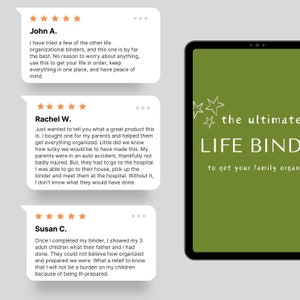 Puede incluir: Tres testimonios de clientes sobre un libro verde titulado "the ultimate LIFE BIND to get your family organized". Los testimonios destacan los beneficios de usar el archivador para la organizaci&oacute;n y la preparaci&oacute;n, especialmente en situaciones de emergencia.