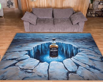 Whiskey Rug Modern Floor Carpet: 3D Ice Cube Design - Microfiber Cotton, Non-Slip Backing, Indoor Use