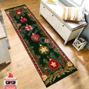 Alfombra navideña larga, alfombra decorativa navideña, alfombra de pasillo navideña, alfombra navideña, alfombra navideña para pasillo, alfombra con bolas navideñas, alfombra decorativa con adornos