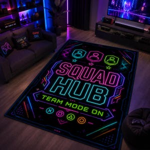 Personalized Gamer Rug, Neon Multiplayer Game Room Decor