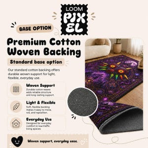 The image is an advertisement for a premium cotton woven backing rug. It features a close-up of the rug with a detailed image of the design, and it highlights the rug's features such as the woven support, light and flexible design, and everyday use.