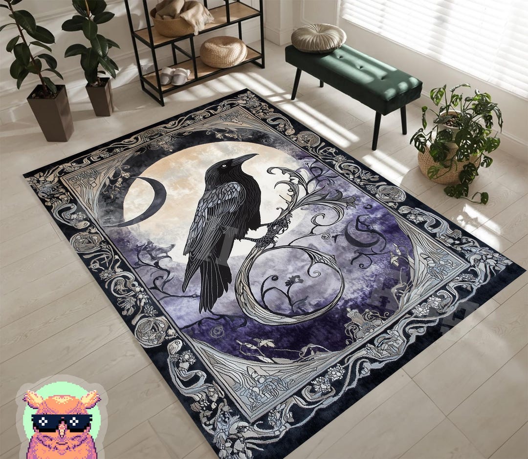 Raven and Crescent Moon Rug - Gothic Mystic Night Sky Decor - Witchy ...