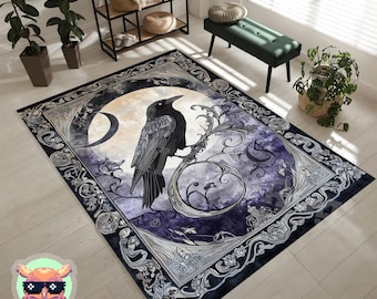 Raven and Crescent Moon Rug - Gothic Mystic Night Sky Decor - Witchy Aesthetic Home Accent - Unique Gift for Nature and Gothic Lovers