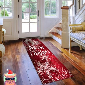Red Merry Christmas Runner Rug - Festive Holiday Entryway Decor, Snowflake Design, Seasonal Hallway Accent, Xmas Gift Idea