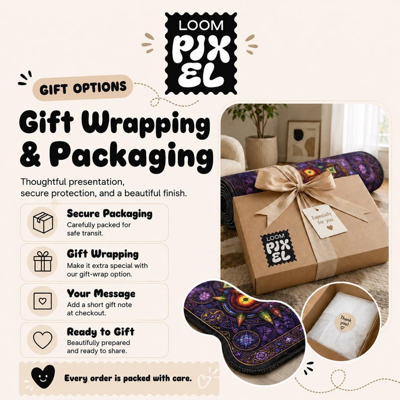 The image is an advertisement for Loom PIXEL gift wrapping and packaging services. It features a close-up of a gift box with a bow, along with text describing the various options available for gift wrapping and packaging.