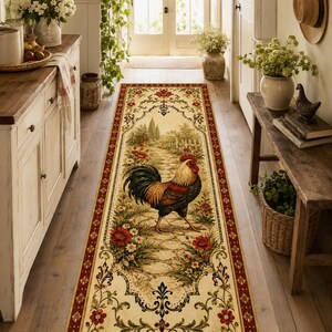 May include: A long rectangular runner rug featuring a central illustration of a rooster walking on a stone path. The design includes red poppies, green foliage, and a decorative border with red and cream floral patterns on a beige background.