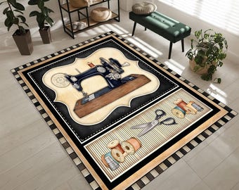 May include: A rectangular area rug featuring a central illustration of a vintage black sewing machine on a wooden base, surrounded by a black border. The lower section displays a pair of silver scissors and several colorful thread spools.