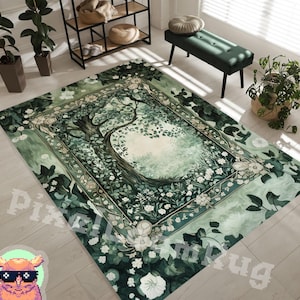 Nature-Inspired Tree Of Life Area Rug, Green Botanical Carpet For Living Room Or Bedroom, Elegant Floral Design, Bohemian Home Decor
