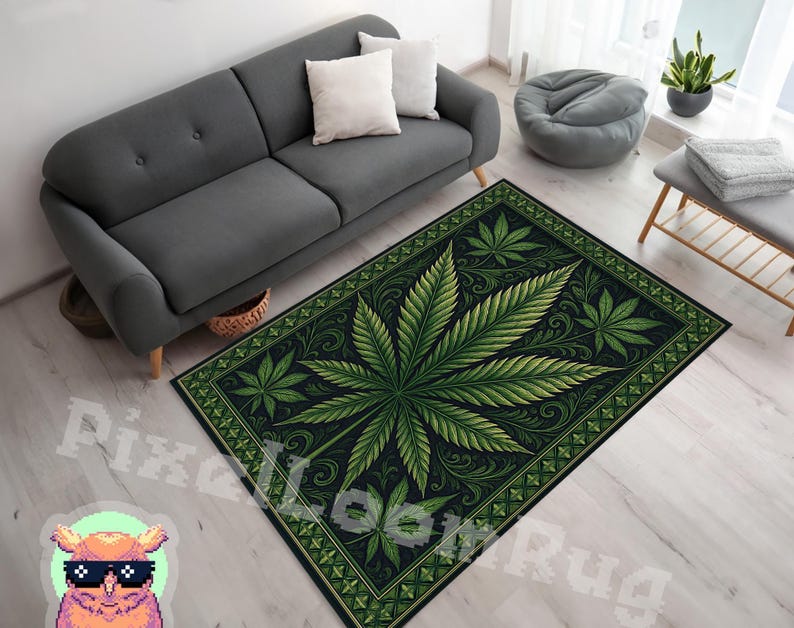 Psychedelic Cannabis Leaf Area Rug, Boho Living Room Decor image 2