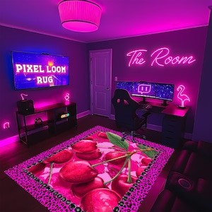 Neon Cherry Gaming Rug – Pink Aesthetic Carpet with Leopard Border for Gamer Room Decor