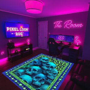 May include: A rectangular area rug featuring a repeating pattern of blue skulls set against a vibrant neon green leopard print background, framed by a decorative border of blue and green geometric shapes and circular accents.