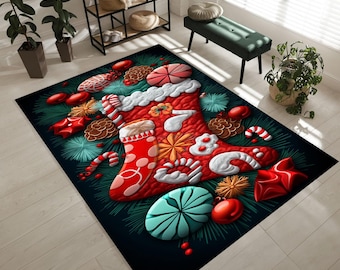 May include: A rectangular area rug featuring a large red Christmas stocking centered on a dark background. The design includes white faux fur trim, red and white candy canes, pine cones, red ornaments, and teal accents amidst green pine needles.