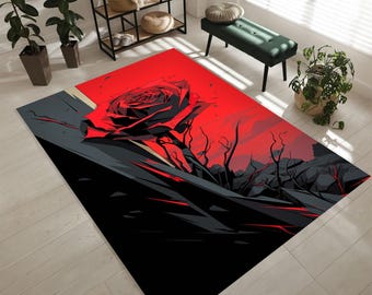 Red Rose Area Rug, Bold Floral Living Room Decor