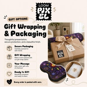 The image is an advertisement for Loom PIXEL gift wrapping and packaging services. It features a close-up of a gift box with a bow, along with text describing the various options available for gift wrapping and packaging.