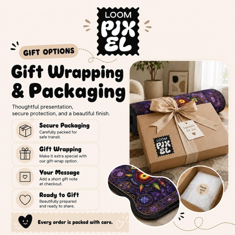 The image is an advertisement for Loom PIXEL gift wrapping and packaging services. It features a close-up of a gift box with a bow, along with text describing the various options available for gift wrapping and packaging.